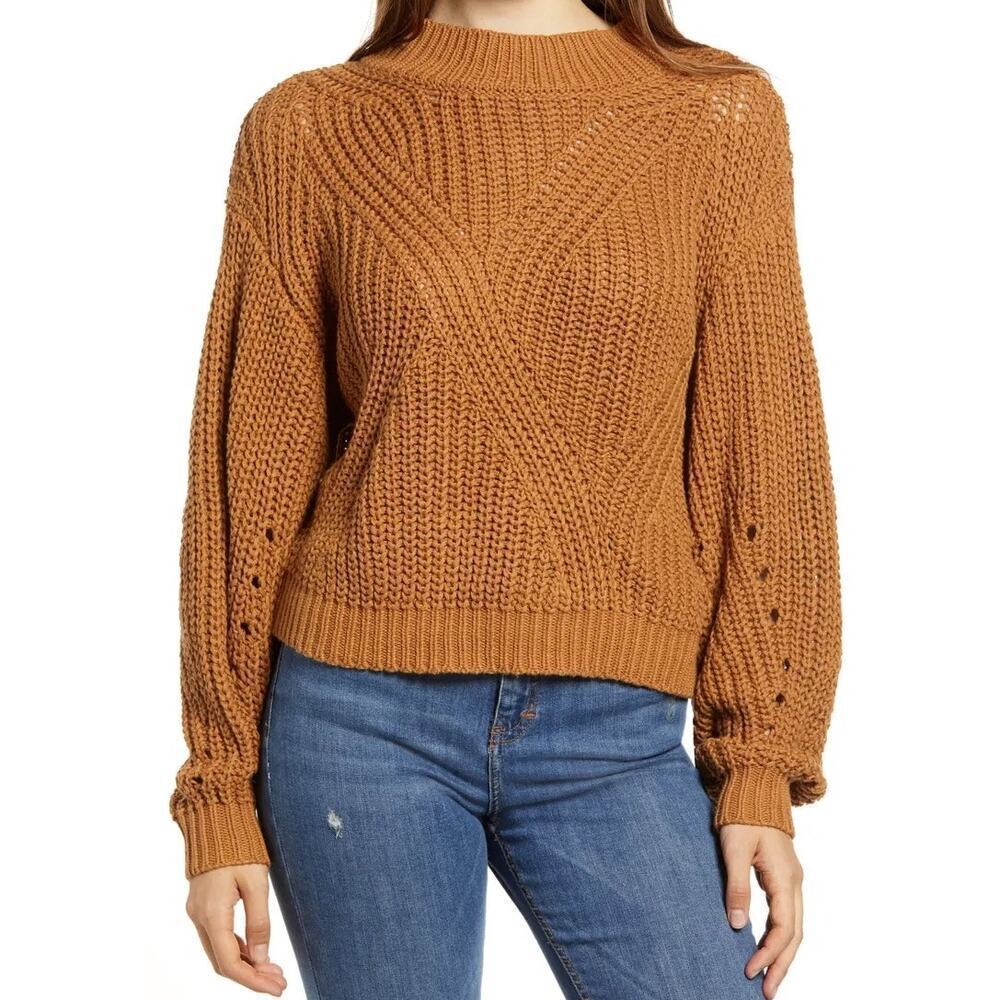 BP Nordstrom Brown Traveling Stitch Balloon Sleeve Knit Sweater Women's XS